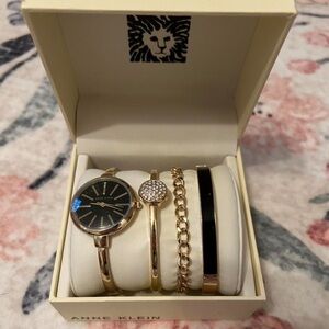 Anne Klein Gold and Black Watch with Bracelet Set